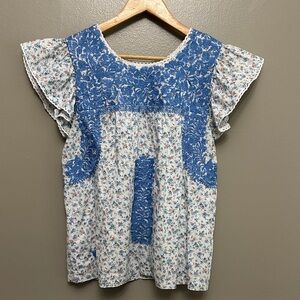 J.Marie floral print embroidered peasant top Sz M